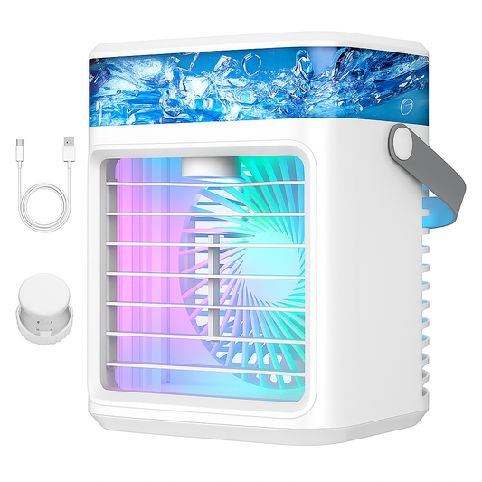 Mini Air Cooler Fan, Mini Evaporative Cooler, USB Desk Fan 3 Wind Speed & 700ml Water Tank with 7 LED Light, 1-3H Timer AC Cooling Fan for car Home (Portable Mini Air Conditioner Cooling- White)